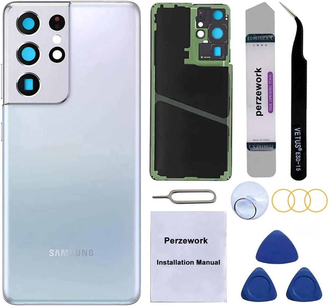 Rear Back Glass Replacement for Samsung Galaxy S21 Ultra 6.8-inches with Repairing Toolkit (Phantom Silver)