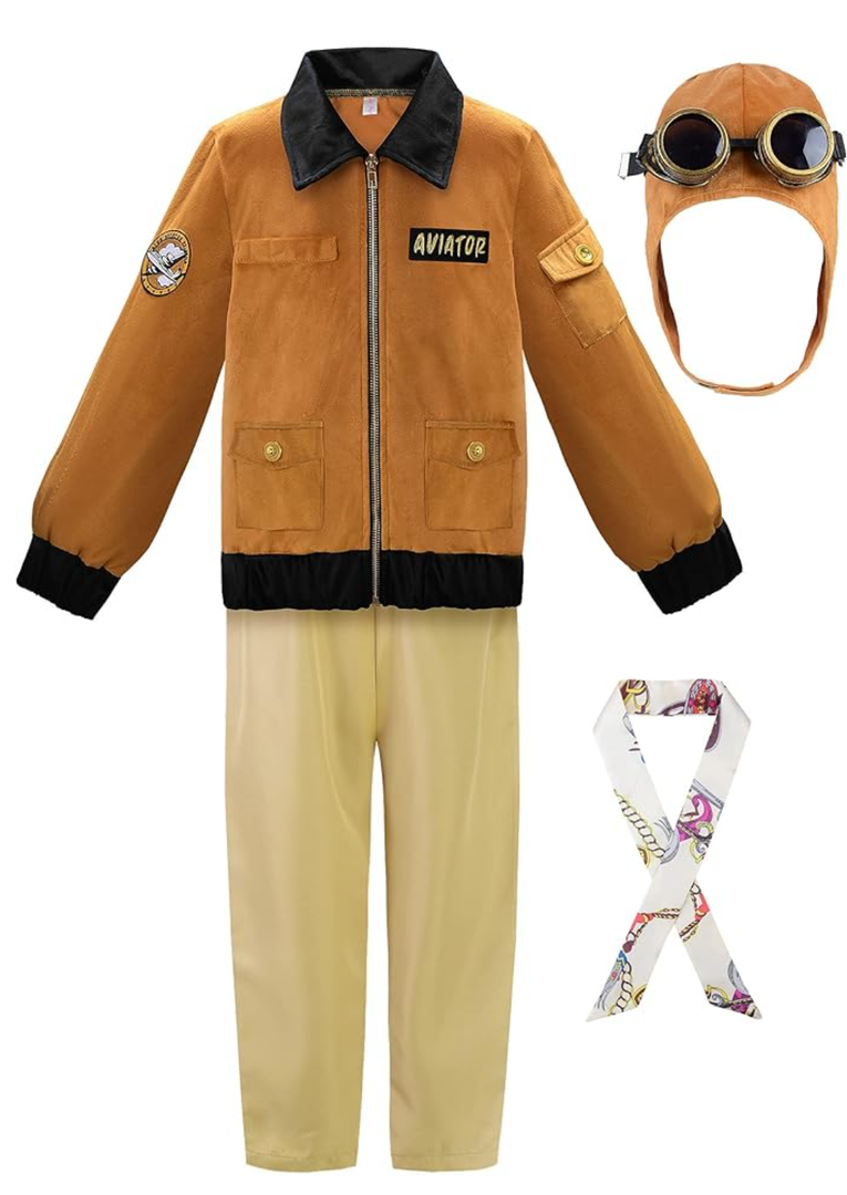 ReliBeauty Earhart Historical Costume Kids Aviator Costume for Girls with Hats, Glasses and Scarves,Yellow, Size 150