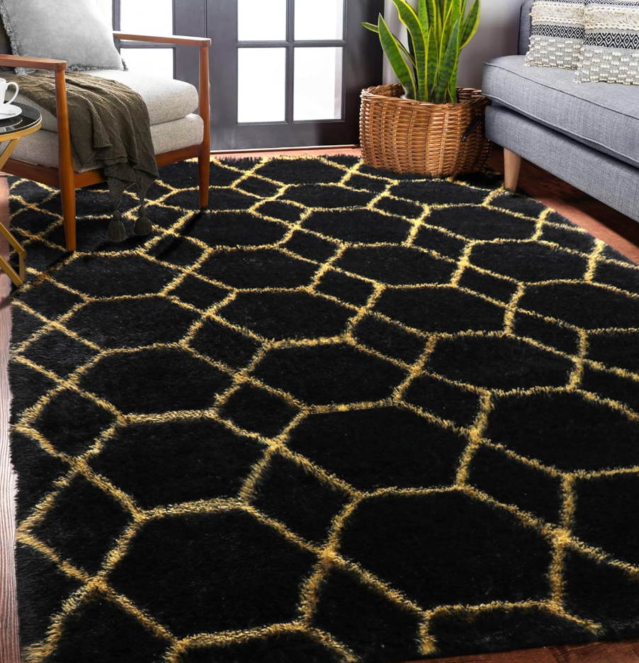 ONASAR Black and Gold Area Rug 4x6 for Bedroom Living Room, Shaggy Geometric Rugs Floor Mat for Home Decor Aesthetic, Soft Plush Fluffy Carpet for Kids Teen Playroom Dorm Classroom Office