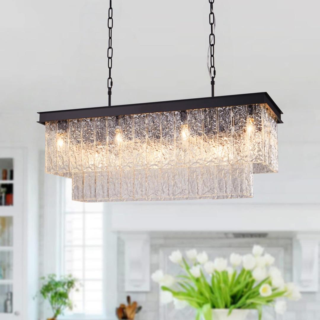PAFEE 35.4" Black Rectangular Handmade Glass Chandelier Dining Room Kitchen