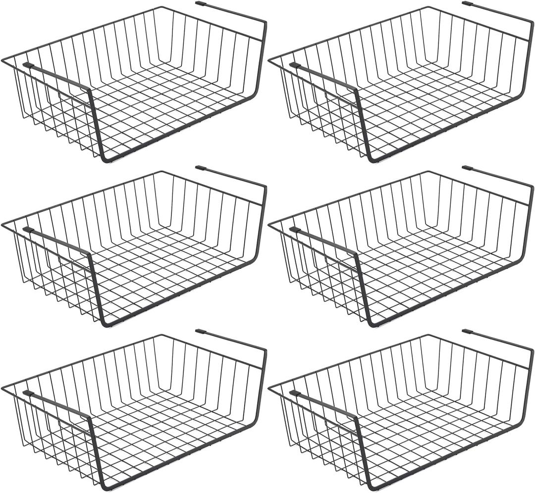 Under Shelf Basket, 6PCS Hanging Storage Basket for Pantry Cupboard Laundry Room Slide-in Baskets Organizer for Kitchen Counter Desk Bookshelf, Space Saving, Easy to Install, Black