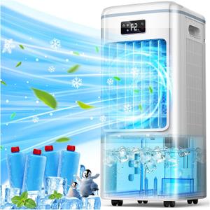 Portable Air Conditioners, Swamp Cooler with 4 Modes 3 Speeds, 4 Ice Packs, Windowless Air Conditioner w/12H Timer, 120°Oscillation, Evaporative Air Cooler Fan for Room Bedroom Home Office (White)