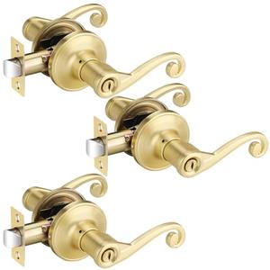 Bonpoly 2 Pack Privacy Door Handle Interior, Gold Door Handle Without Key, Bed and Bath Door Knobs, Brass Door Lever for Right-Hand Doors, Modern Wave Design Set of 2