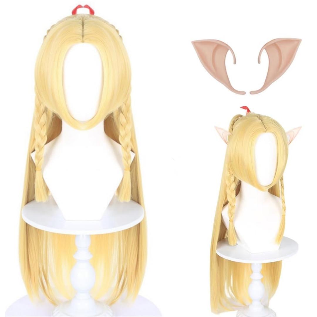 Anime Blonde Long Straight With Twin Braids Cosplay Wig for Women Halloween Costume Party Synthetic Wig+(Elf ear) (10066)