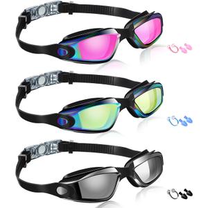 Flutesan 3 Pack Swimming Goggles No Leaking Silicone Anti Fog Swim Glasses with Nose Clip Ear Plugs Adult Kids Pool, 3 Colors (S)