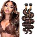 24 24 Inch DiexrLamx Hair P1B/30 Bundles Human Hair Ombre Body Wave Bundles Brazilian Virgin Hair 2 Bundles Two Tone Black Mixed With Light Brown Human Hair Bundles Highlight Bundles Hair Weave