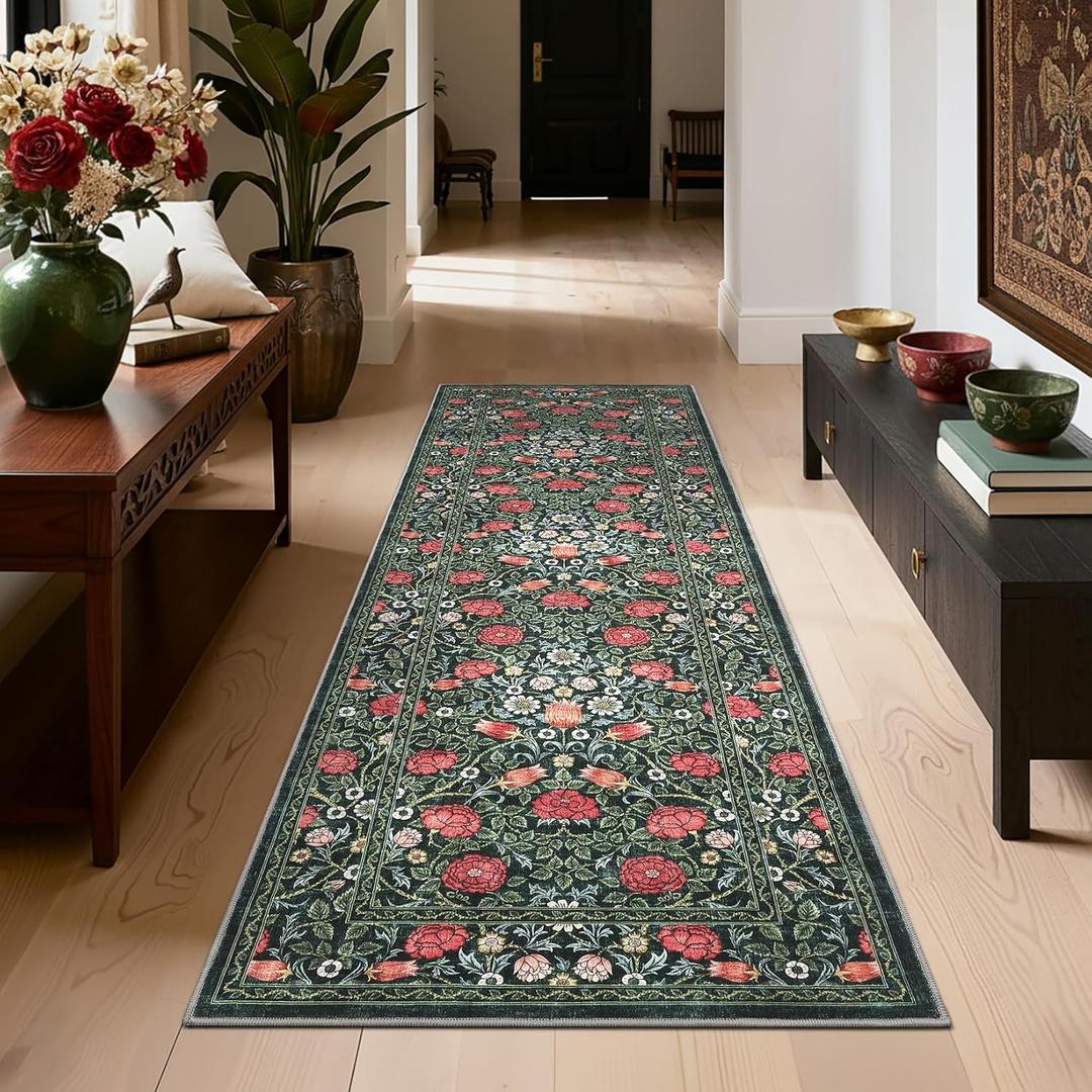 GarveeHome Green Vintage Floral 2x6 Runner Rug Washable Kitchen Rugs Non Slip Boho Long Rug for Hallways Bedroom Entryway Bathroom Mat with Rubber Back