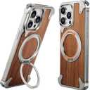 OATSBASF Magnetic Wood Case Compatible with iPhone 15 Pro Max, [Natural Wood & Aluminum] Shockproof Protective Cover Unique Wooden Case with 360 Ring Stand, Natural Titanium