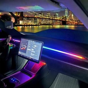 LED Car Ambient Lighting Strip for Tesla High Brightness with APP Control Multiple Colors and Car LED Strip Lighting Neon Lights for Model 3/Y (Dashboard& Center Console)