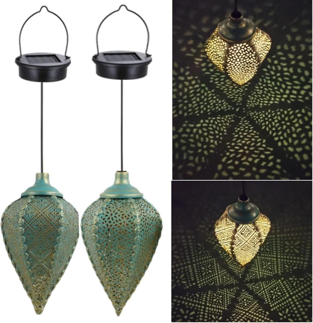Solar Outdoor Lanterns- Hanging Lights, Set of 2 Moroccan Style Garden Party Decorative Rechargeable Lantern, Hurricane Lamps are Great for Front Porch, Patio and Yard