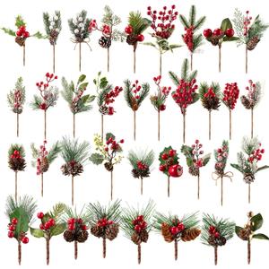 Yunsailing 37 Pcs Artificial Christmas Tree Picks Faux Cedar Holly Pine Stems with Red Berries Christmas Tree Picks Decorations for Xmas Winter Holiday DIY Crafts Wreath(Classic)