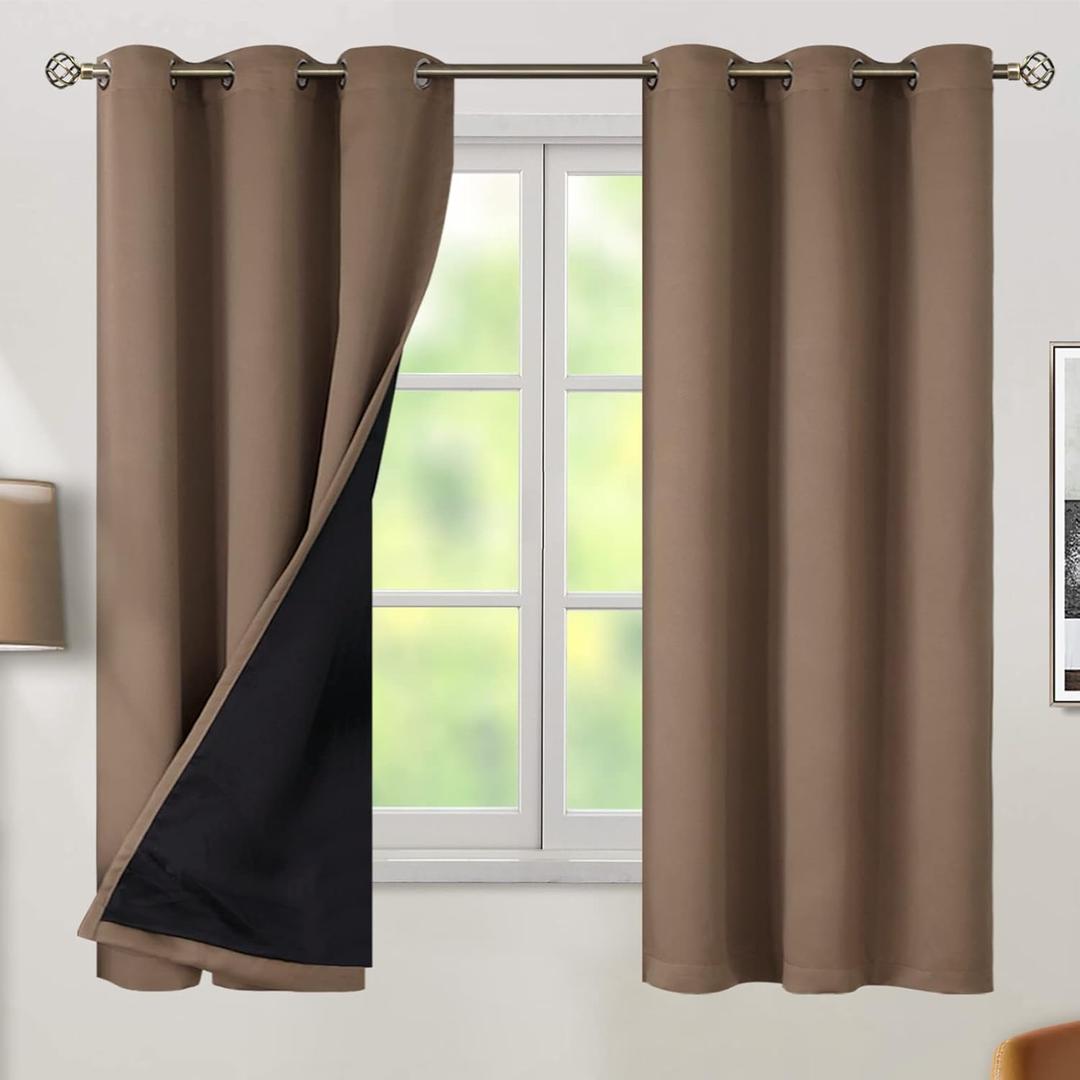 BGment Total Thermal Insulated 100% Blackout Curtains for Bedroom with Black Liner, Double Layer Full Room Darkening Noise Reducing Grommet Curtain (42 x 63 Inch, Taupe, 2 Panels)