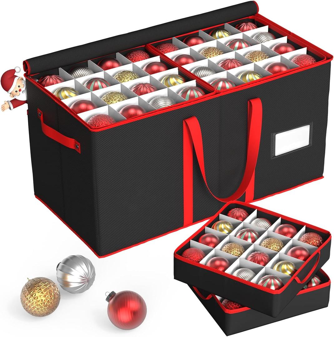Kesfitt Christmas Ornament Storage Box with 8 Trays,Christmas Storage Container with Dividers Fits 128 Holiday Ornaments Decorations,Double Zipper,Large Xmas Organizer with Pockets(Black)