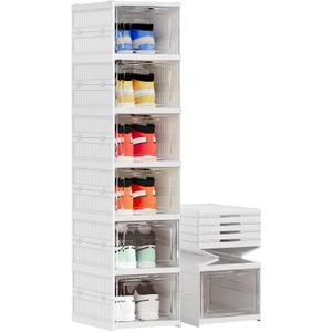 Shoe Storage Organizer Box 6-Tier Foldable Collapsible Stackable Shoe Rack Bins, Fit Size 12, No Assembly, for Men and Women