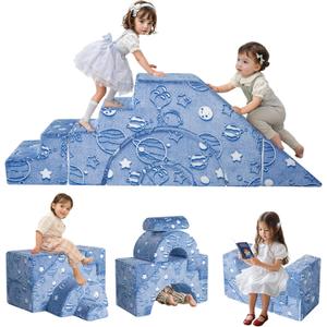 MeMoreCool Foam Climbing Toddler Couch  Modular KidsSofa with Slide & Stair | Convertible Baby Couch for Playroom, Sectional Furniture for Crawling, Climbing, Kids Play (Space Blue)