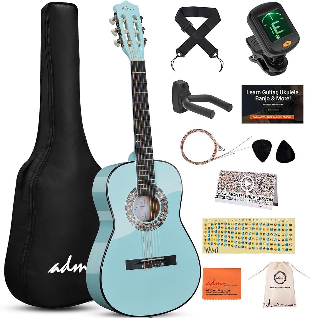 ADM Beginner Acoustic Classical Guitar 36 Inch Nylon Strings Wooden Guitar Bundle Kit for Kid Boy Girl Student Youth Guitarra Online Lessons with Gig Bag, Strap, Tuner, Strings, Picks, Socal Green