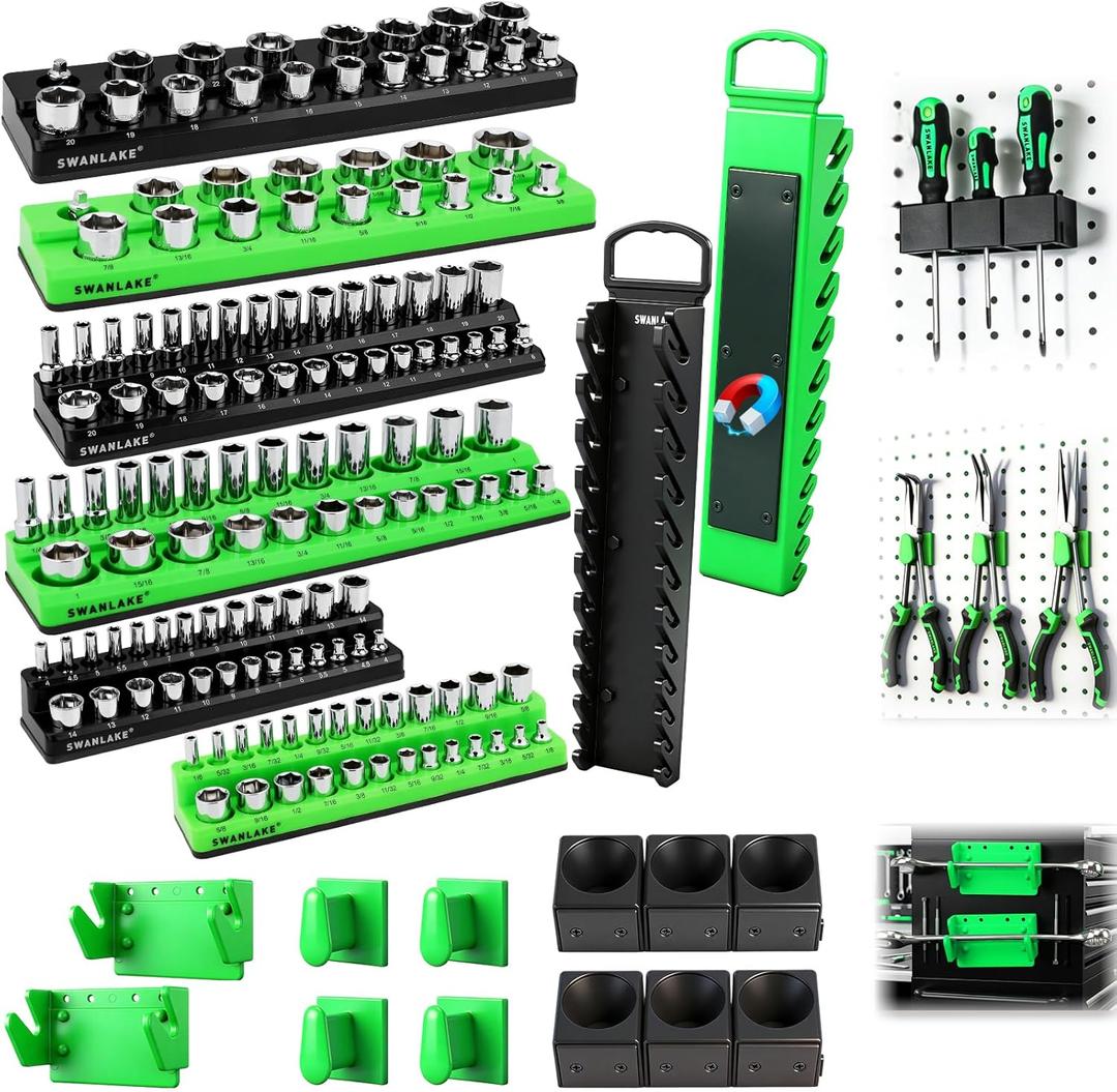 20-Piece Magnetic Tool Organizer Set, 1/4", 3/8", 1/2" SAE & Metric Socket Organizers, 2 Large Wrench Holders, 24-Slot Wrench Rails, Plier and Screwdriver Wall Mount Storage