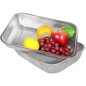 Cedilis 2 Pack Large Stainless Steel Colander Strainer, 6 Quart Mesh Vegetable Washing Basket, Rectangle Drainer Sink Basket for Vegetable Fruit Food (15" x 11" x 2.6")