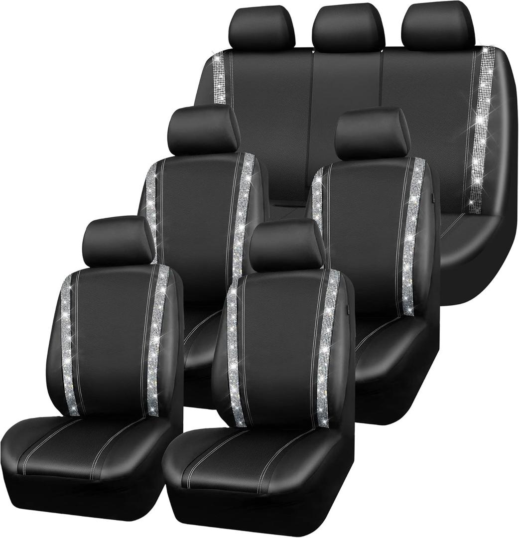 CAR PASS Bling Diamond Car Seat Covers, Shining Rhinestones Waterproof Faux Leather, 7 Seats 3 Rows with Zipper Glitter Crystal Sparkle Strips Universal Fit 95% MPV,SUV,CAR for Women Girl, Silver (Full Set)