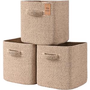 11 Inch Storage Cubes, 3 Pack Cube Storage Bins for Organizing, Cotton Rope Woven Baskets for Shelves, Bathroom, Kids Room, Closets, Baby Nursery