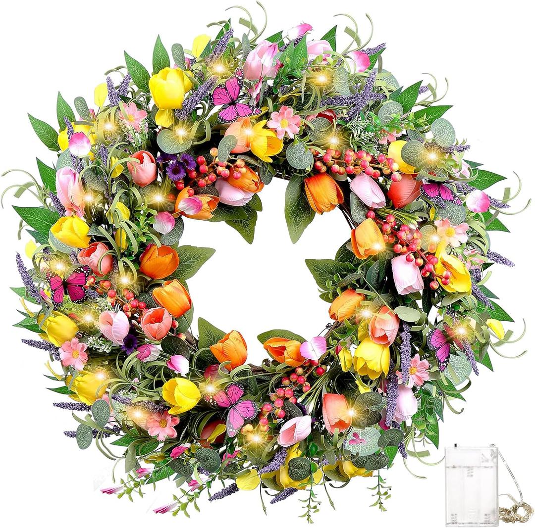 24 Inch Spring Wreaths for Front Door, Artificial Tulip Wreath with Lights & Butterflies, Spring Summer Easter Wreath for Indoor Outdoor Decor