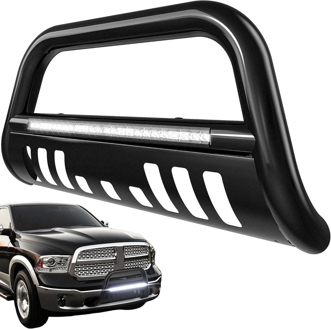 AUTOSAVER88 Bull Bar with LED Light Bar Compatible for 2004-2023 Ford F-150 F150 3" Tubing Front Grille Brush Push Bumper Guard Include Skid Plate Light Mount Black