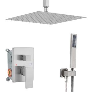 12 Inch Ceiling Mount Brushed Nickel Shower System Bathroom Luxury Rain Mixer Shower Combo Set Ceiling Rainfall Shower Head System (Contain Shower Faucet Rough-in Valve Body and Trim Kit)