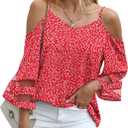 Jouica Womens Summer Cold Shoulder Tops Mesh Panel 3/4 Bell Sleeve Tees Adjustable Spaghetti Strap Loose Fit Shirts (Medium, Bd Red)