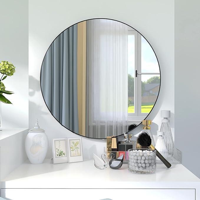 30 inch Round Black Mirror, Brushed Black Metal Framed Circle Wall Mirror for Bathroom Vanity, Bedroom Decor, Living Room, Entryway