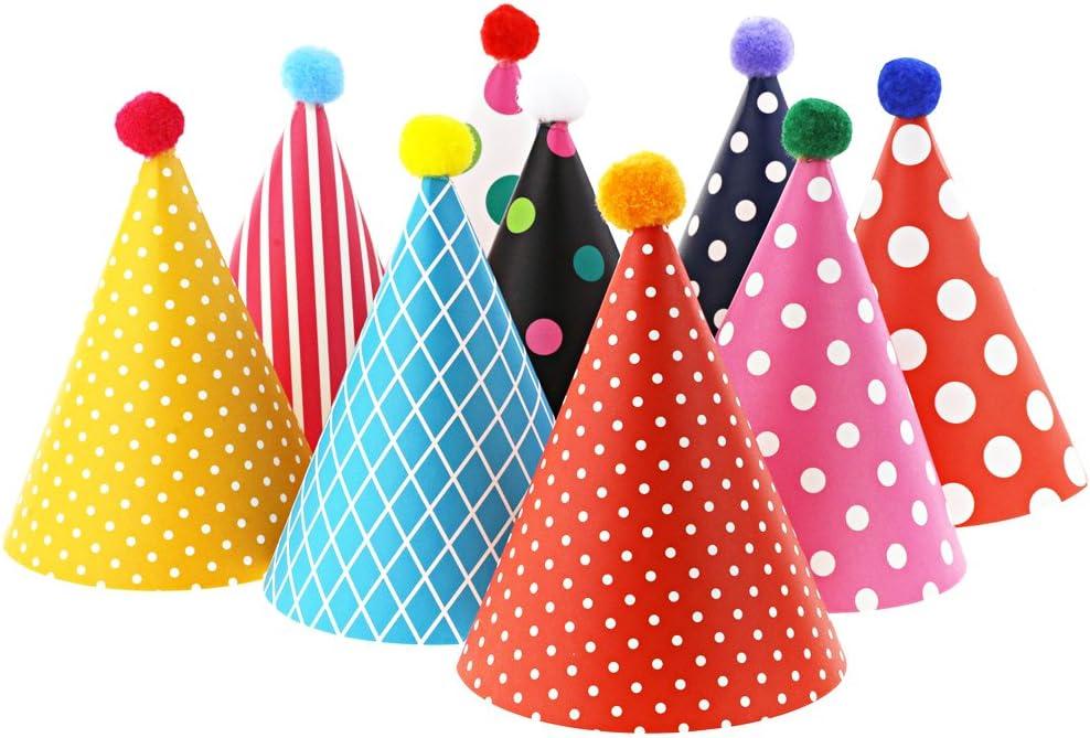 Party Hats for Kids Birthday Hats, DIY Mini Cone and Crown Set with Pom Poms, Small Paper Caps for Stuffed Animals, Pets or Toddler Decorations, Assorted Rainbow Colors