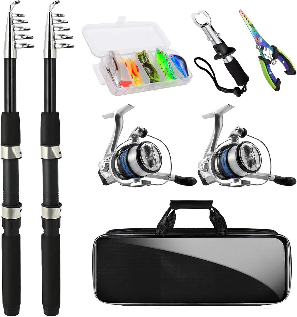 Telescopic Fishing Rod and Reel Combo Set, 2PCS Collapsible Fishing Poles, Fishing Kit with Spinning Reel Fishing Pliers and Lip Gripper, Travel Saltwater Freshwater Fishing Gear for Adults Beginners