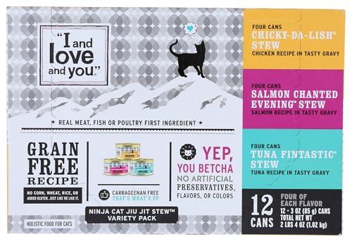 I&Love&You Ninja Cat Jiu JIT Stew Variety Packs Wet Cat Food, Grain Free, Artificial Preservatives Free, 12 Each (Pack of 4), BB 11/09/2027