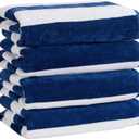 Market & Place 100% Cotton Velour Cabana Stripe Beach Towel Set 30" x 60" - Ultra Soft, Plush, & Highly Absorbent Towels for Pool, Beach, & Swimming. Marina Collection (4-Pack, Navy)