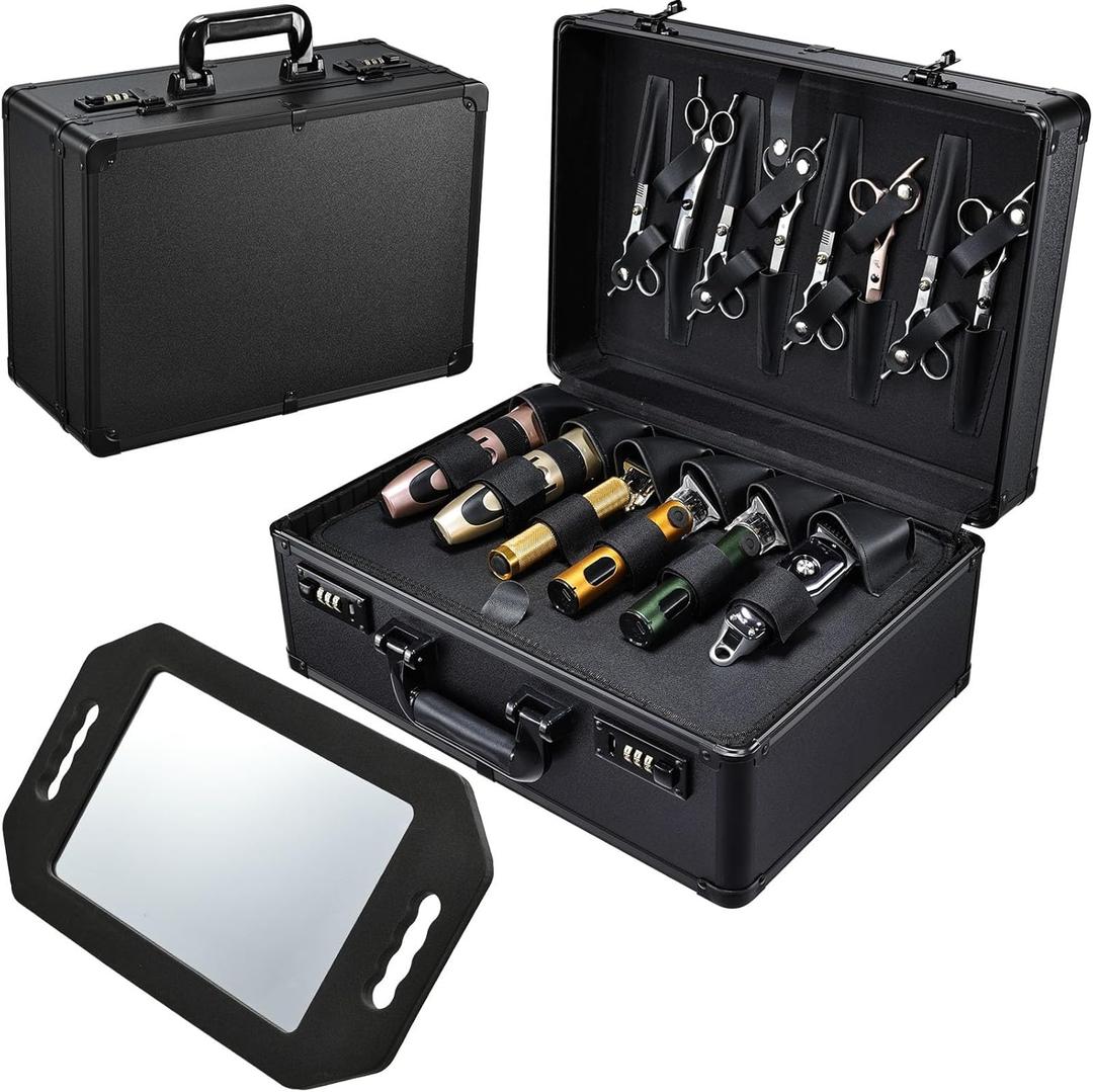 Barber Accessories Case, Profesional Barbers Briefcase Tool Case, Barber Cases for Clippers and Supplies, Hair Scissors Clippers Trimmer Organizer, Barbers Suitcase with Code Lock (Matte Black)