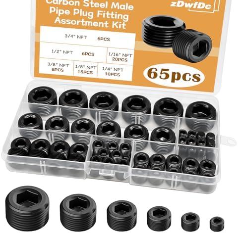 zDwfDc 65PCS 6 Size 1/16" 1/8" 1/4" 3/8" 1/2" 3/4" NPT Pipe Fittings, Black Carbon Steel Pipe Plug Socket Set DD032-65