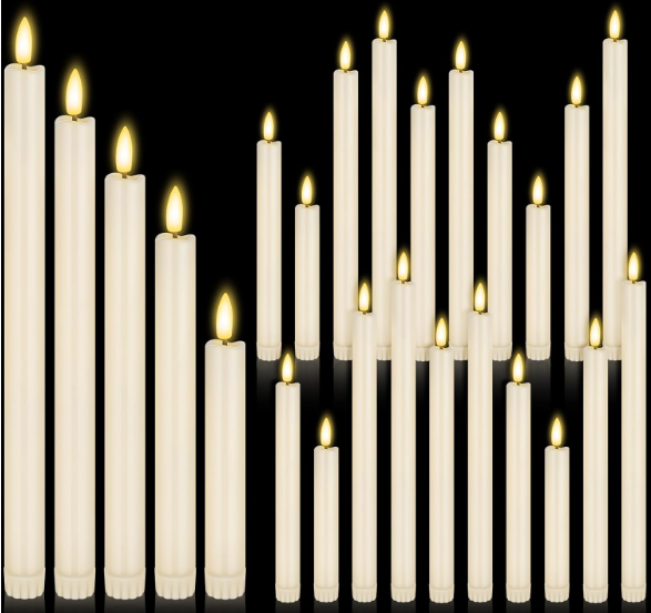 Rossesay 20 Pcs Flameless LED Taper Candles Battery Operated Taper Candles 5 Sizes of 6.5'', 7.7'', 8.8'', 10.0'', 11.2'' Flameless Candlesticks Flickering with 3D Flame for Wedding(Ivory White)