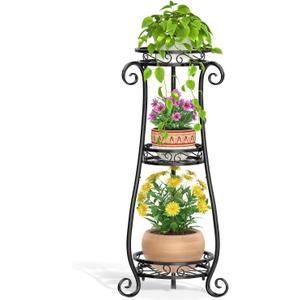 LASZOLA 3 Tier Black Metal Plant Stand for Multiple Large Planters Indoor Outdoor Organizer, Heavy Duty Tall Flower Stand for Corner Patio Bathroom Office, Modern Sturdy Vertical Iron Rack, Cat Proof
