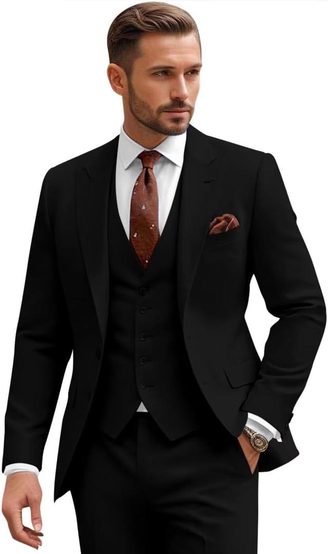 3 Piece Suit for Men Mens Suit 3 Piece Suits Men Slim Fit Single Breasted Two Button Peak Lapel Blazer Vest Pants Set (X-Large, Black)
