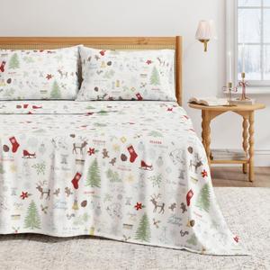 Great Bay Home Christmas Flannel Sheet Set King Size - 100% Turkish Cotton, Double-Brushed, Winter Bed Sheets - Ultra-Soft, Cozy, 4-Piece Holiday Bedding Set (Holiday Time)