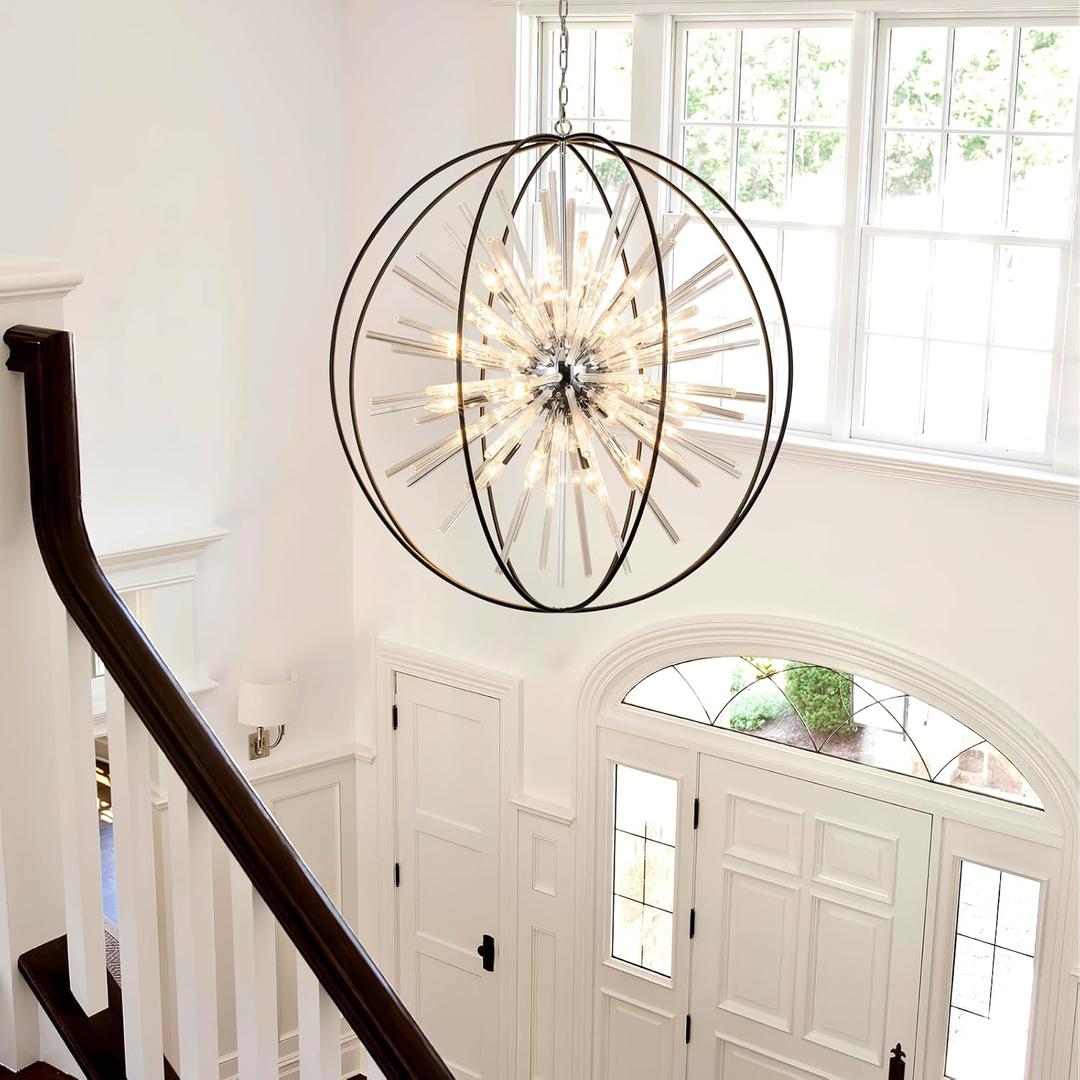 Vezzio 35 inch Large Black Crystal Chandelier Modern Globe Chandeliers for High Ceilings 20-Light Round Chandelier for Foyer Entryway Stairway Dining Room Hallway, Globe D35"