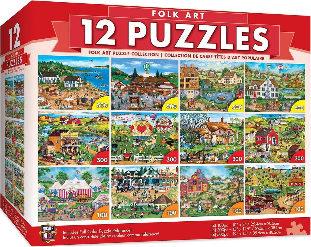 MasterPieces Jigsaw Puzzle 12-Pack Bundle Set, Fun for Adults and Family, Folk Art Collection, (4) Round 100 Piece, (4) 300 Piece, (4) 500 Pieces, Various