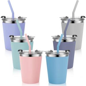 Kids Cups with Straws and Lids Leak Proof, 12oz Sippy Cups for Toddlers 1-3, Spill Proof Cup Stainless Steel Kids Cups with Lids for Home School, Outdoor, 6 Pack (Blue,Green,Gray,Dark Gray,Pink,Purple)