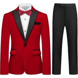 Lamgool Boys Velvet Suit Slim Fit 2 Piece Tuxedo Set Shirt Pant Kids Wedding Formal Outfit (190/18Y, Red)