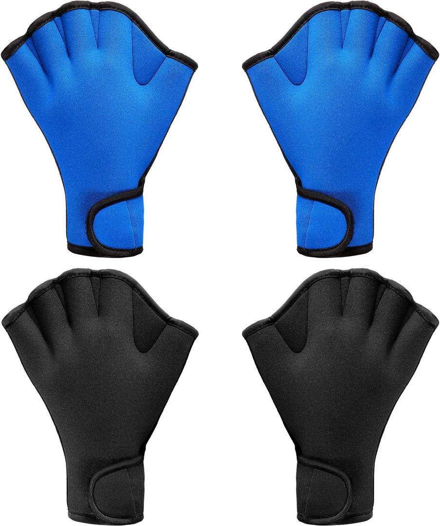 Sumind 2 Pairs Swimming Gloves Aquatic Training Gloves Neoprene Mittens Webbed Fitness Water Resistance Training Mittens for Men Women Swimming Diving with Wrist Strap (Medium, Black, Blue)
