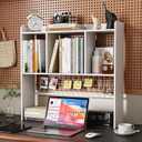 Desktop Bookshelf,Countertop Storage Hutch with 3 Shelves for Computer Desk2-Tier Display Rack with Grid Panel, Multipurpose Wood Desk Hutch Storage Organizer for Home Office Dorm (White)
