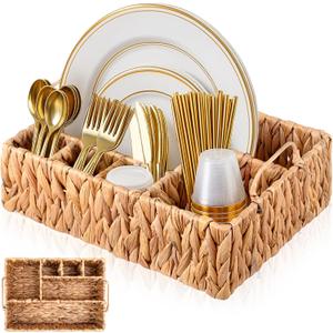 LemonRoad Wicker Utensil Caddy 6 Compartments Water Hyacinth Large Silverware Caddy with Handles Cutlery Basket Napkin Holder Boho Woven Flatware Organizer for Party Picnic Kitchen Countertop Hosting