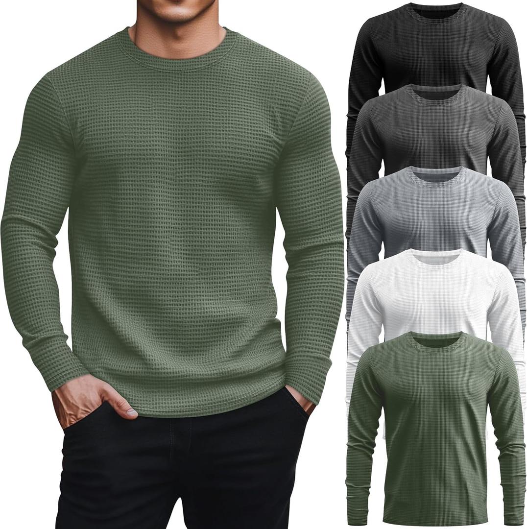 5 Pack Thermal Waffle Shirts for Men, Crew Neck Long Sleeve Casual Pullover Underwear Textured Knit Tops (Medium, Black, Dark Gray, Gray, White, Army Green)