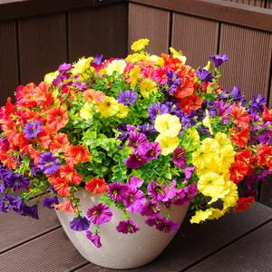 Artificial Flowers for Outdoors, UV Resistant Fake Silk Morning Glory, Realistic Faux Plants for Outside Porch Patio Window Box Hanging Planter (16, Purple Fuchsia Yellow Orange)