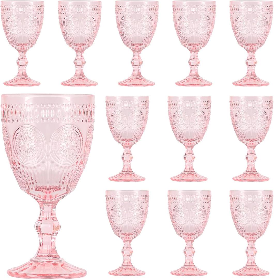 Pink Glass Goblets Wine Glassware, 10 oz Vintage Wine Glasses Set of 12, Romantic Wedding Glass Set, Embossed Drinking Stemware Beverage Cups for Wedding Engagement Christmas Party Bar, standard