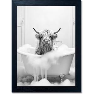 Highland Cow in Bathtub Wall Decor for Bathroom, Funny Animal Painting Pictures Canvas Wall Decor, Cute Animal Poster Art for Bathroom, Modern Black Frame Canvas Prints Ready to Hang 16"x20" (PH-009)